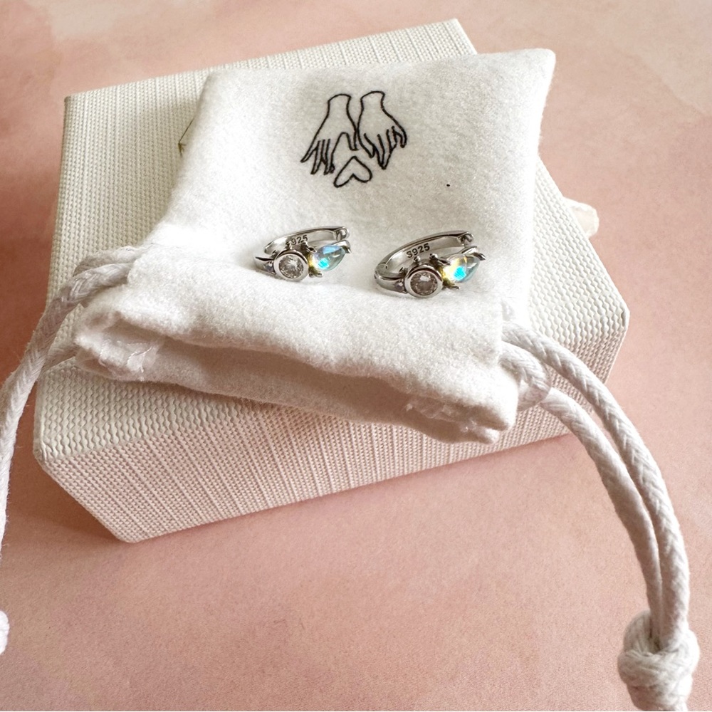 Caitlyn Minimalist Opal and Diamond Huggies, Sterling Silver - Picture 3 of 5